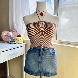 Brown and tan striped runched cropped knit halter top women’s large